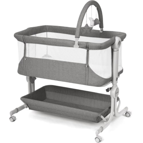 Cowiewie Baby Bassinet Bedside Crib with Storage Basket, Wheels and Toys, Portable Bassinets for 0-6 Months Dark Gray