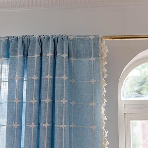 Deeprove Blue Boho Curtain 84 Inches Long for Kid Boy's Bedroom Nursery Room, Cotton Linen Lattice Plaids Embroidery Semi Blackout Bohemian Window Treatment Grids Drape Tassels, 1 Panel W52 x L84