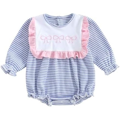 GOOCHEER Newborn Baby Girl Fall Outfit Bow Embroidery Bubble Romper Waffle Striped Ruffle Long Sleeve Bodysuit Infant Clothes