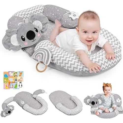 4 in 1 Tummy Time Mat & Seated Support Pillows, Play Mat, Sitting Support for Newborn 0-12 Months, Infant Baby Sit Me Up Floor Seat, Sensory Development Gifts Tummy Time Play Toys, Koala