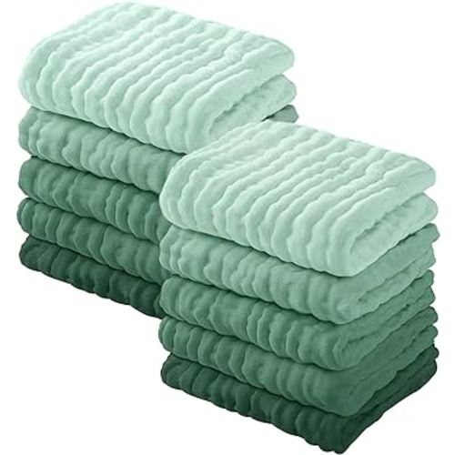 Yoofoss Muslin Baby Washcloths 100% Cotton Face Towels 10 Pack Wash Cloths for Baby 12x12in Soft and Absorbent Baby Wipes (Gradient Green)