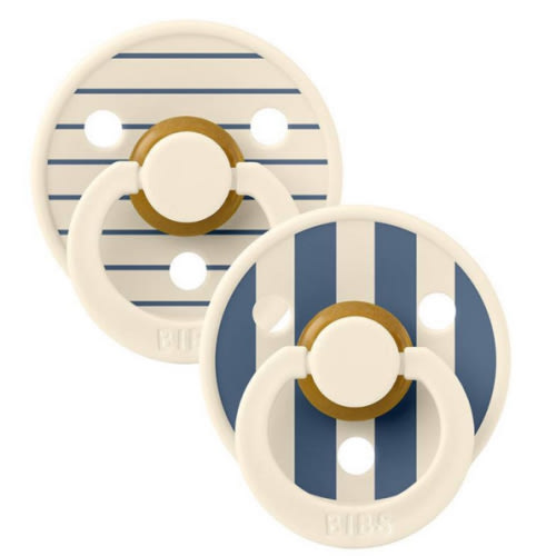 Bibs Studio Collection Colour Stripe Latex Pacifier - 2pk (Ivory Steel Blue Mix, Size 1, 0-6 Months)