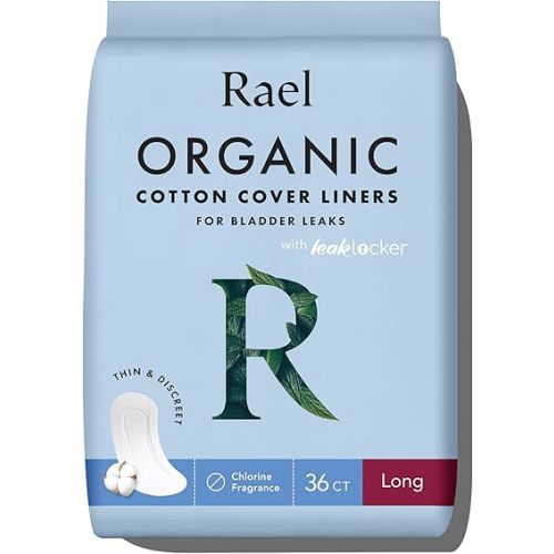 Rael Incontinence Liners for Women, Organic Cotton Cover - Postpartum Essential, Regular Absorbency, Bladder Leak Control, 4 Layer Core with Leak Guard Technology, (Long, 36 Count)