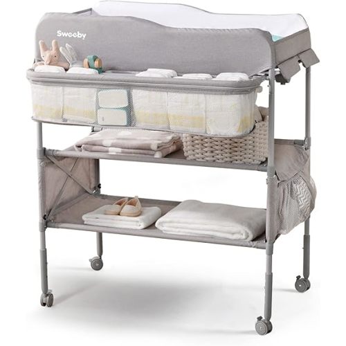 Sweeby Portable Baby Changing Table, Foldable Changing Table Dresser Changing Station for Infant, Waterproof Diaper Changing Table Pad Topper, Mobile Nursery Organizer for Newborn Essentials (Grey)