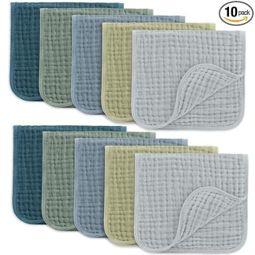 Comfy Cubs Muslin Burp Cloths 20" x 10", Pack of 10 - Large, 6-Layer, Ultra Absorbent 100% Cotton for Baby Drool and Messes - Soft, Safe & Gentle Baby Burp Cloths for Boys & Girls - Multi Boy