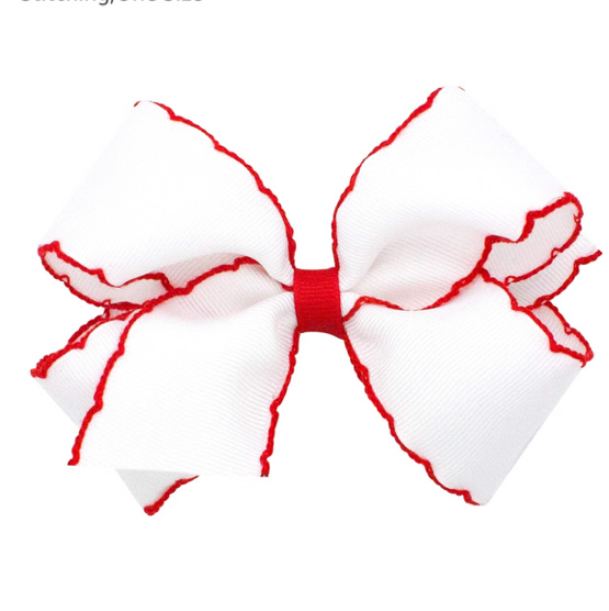 Mini Moonstitch Grosgrain Hair Bow with Contrasting Wrap - WHT W/ RED | Wee Ones Hair Bows & Accessories