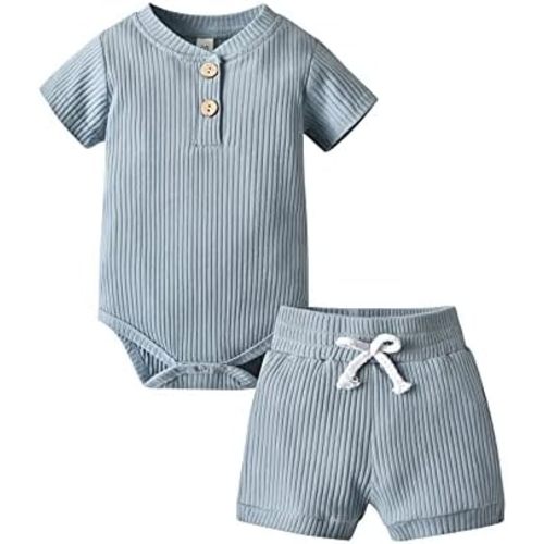 Derouetkia Summer Newborn Baby Boy Girl Clothes Solid Color Ribbed Romper and Shorts Outfits Set