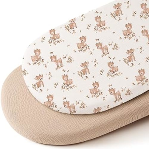 Konssy Muslin Fitted Bassinet Sheets 2 Pack for Baby Girl Boy, Soft Breathable Baby Bassinet Sheets Fit for Baby Bassinets, Cradle, Moses Basket Oval Rectangle Pad/Mattress (Deer,Wheat)