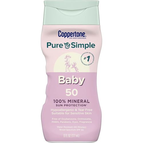 Coppertone Pure and Simple Baby Sunscreen Lotion SPF 50, Broad Spectrum Sunscreen for Baby, 6 Fl Oz Bottle