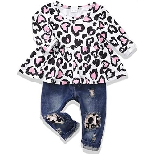 NZRVAWS Baby Girl Clothes Toddler Outfit Infant Shirt Denim Ripped Jeans Pant Set Cothing 6 12 18 24 Months 2 3 4T