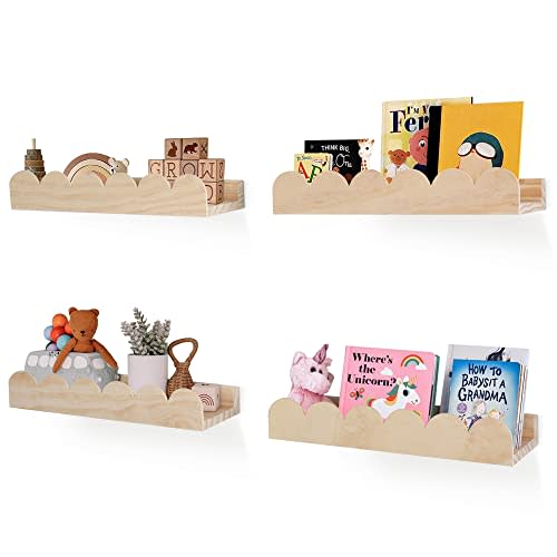COMAX Nursery Floating Bookshelf Set, 4 Pack, Solid Wood, Wall Mount Bookshelves for Kids Room, Baby Bedroom