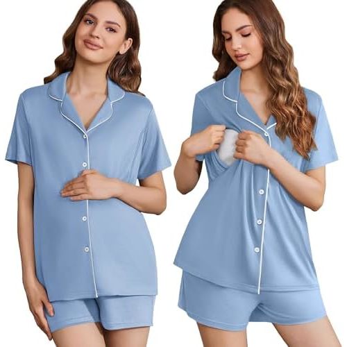 Ekouaer Women's Maternity Nursing Pajama Sets Button Down Postpartum Pajamas Short Sleeve Breastfeeding Clothes
