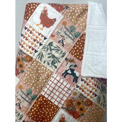 baby girl quilt, farm theme nursery, cow , barn, floral,  handmade baby blanket, baby shower gift, nursery decor, crib bedding
