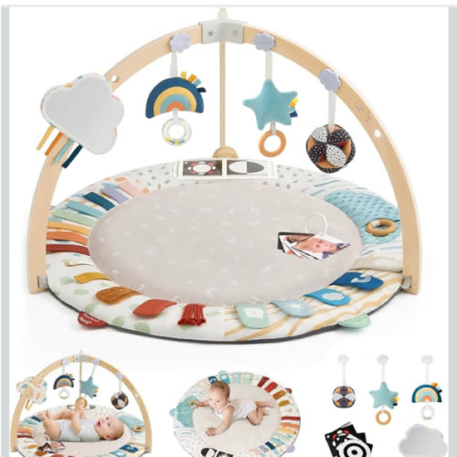 Blissful Diary Baby Play Gym & Activity Mat, 5 Developmental Zones Wooden Tummy Time Mat with 5 Detachable Sensory Toys for Motor Skills & Sensory Development, Baby Essentials Shower Gift