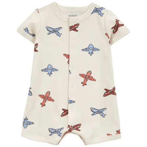 Baby Airplane-Print Ribbed Short-Sleeve Romper - Cream - Carter's | Carter's