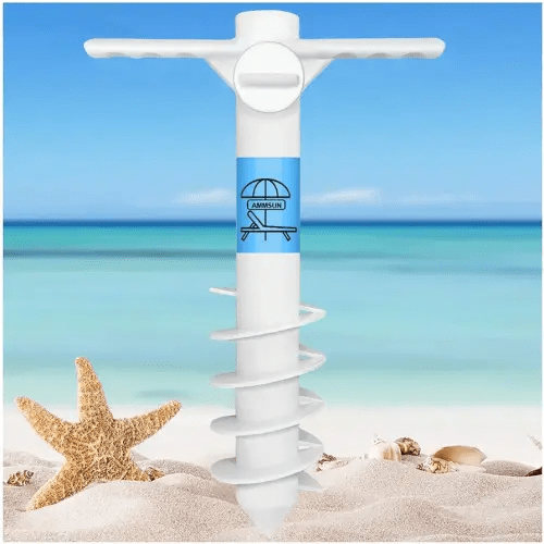 AMMSUN Beach Umbrella Sand Anchor Heavy Duty, Outdoor Umbrellas Base with 5 Spiral Screw, Universal & One Size Fits All Beach Umbrella, Safe Umbrella Holder Stand Ideal for Strong Winds White