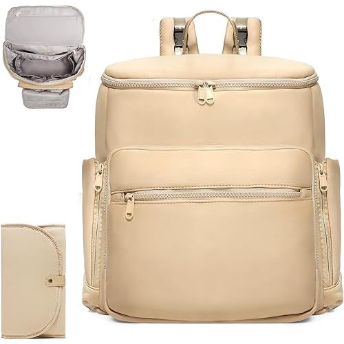 Diaper Bag Backpack, Neoprene Bag Backpack, Large Diaper Backpack with 16 Diaper Bag Organizers, 4 Insulated Pockets, Lighweight Travel Baby Bag with Changing Pad for Mom & Dad, Apricot