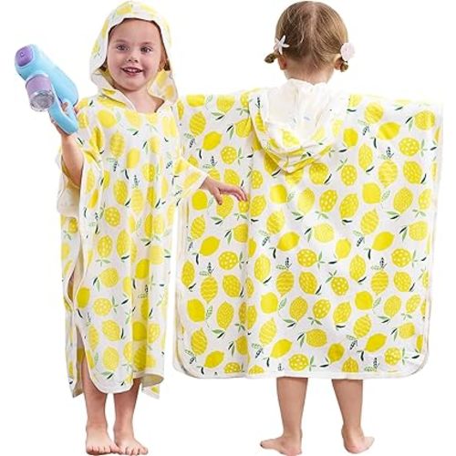 Bamboo Viscose Hooded Bath Towels for Toddler Girls Kids Age 2-6, Measures 25.5" x 25.5", Soft Bathrobe, Absorbent Poncho Towels for Bathroom, Pool, Swim, Beach (Yellow Lemon)