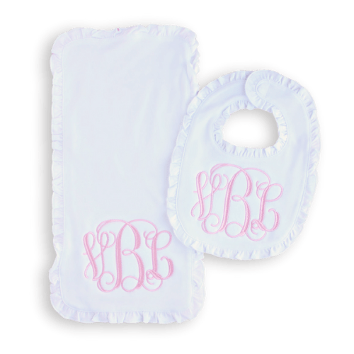 Monogrammed Ruffled Burp Cloth & Bib Set | Southern Belle Monograms