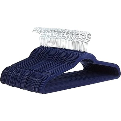 Amazon Basics Slim, Velvet, Non-Slip Suit Clothes Hangers, Navy Blue/Silver - Pack of 50