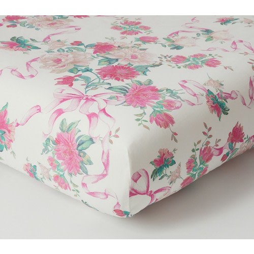 LoveShackFancy Cabbage Rose Bow Organic Crib Fitted Sheet