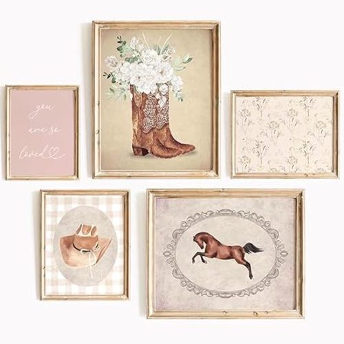 Cowgirl Nursery Wall Art Coquette Western Girl Poster Vintage Horse Floral Canvas Pictures Aesthetic Pink Preppy Room Wall Decor Rustic Cowgirl Prints for Girls Bedroom 8x10x5 Inch Unframed
