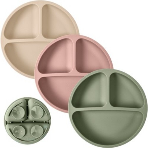 WeeSprout Suction Plates for Babies & Toddlers | 100% Silicone | Plates Stay Put with Suction Feature | Divided Design | Microwave & Dishwasher Safe, Color: Matte green, off white, pink without lids