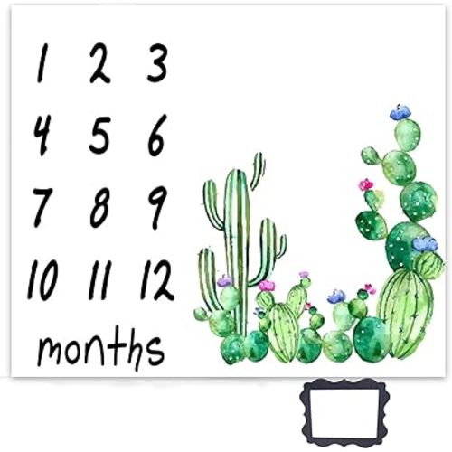 Cactus Baby Monthly Milestone Blanket, 47"x40" Newborn Photography Blanket, Memory Blanket for New Moms Growing Infants 0-12 Months, Baby Shower Blanket BTMYLU36