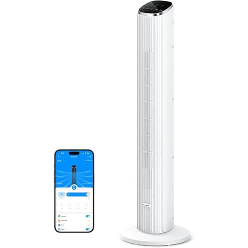 GoveeLife White Tower Fan for Bedroom, 36" Smart Floor Fan with App/Voice Control, Temperature Sensor, 5 Modes 8 Speeds(25ft/s), 29dB Quiet Oscillating Fan for Office, 24H Timer, Auto Cooling