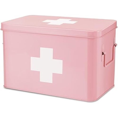 Flexzion First Aid Box Organizer Empty 13" Pink Vintage First Aid Kit Tin Metal Medical Box - First Aid Storage Box Container Bins with Dividers, Removable Tray and White Cross Logo