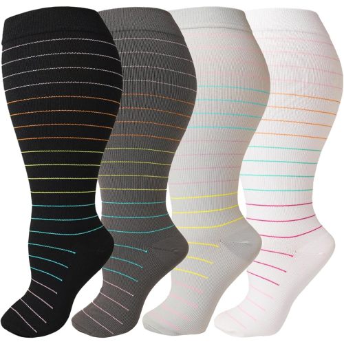 Plus Size Compression Socks-Wide Calf Knee High Socks for Men & Women, 20-30mmHg, Available in 2XL to 4XL, 4 Pairs