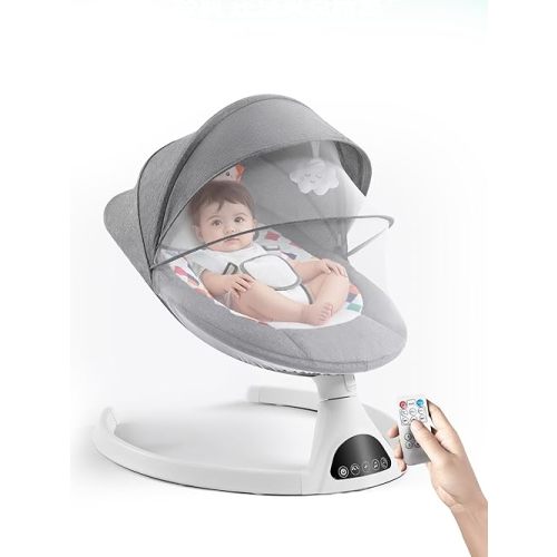 Baby Swing for Infants - Electric Portable Bluetooth Baby Rocker with 5 Speeds, 5-Point Harness, Remote Control, Timing & Music Speaker Max 20 Lbs (Gray)