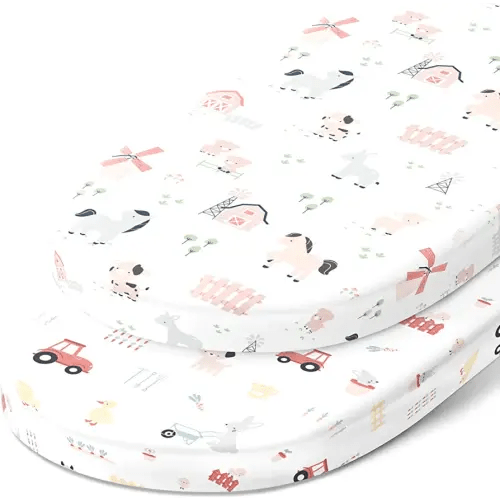 Bassinet Fitted Sheets for Chicco LullaGo Anywhere, Baby Bjorn Cradle and 14 x 29 Mattress Pad – Snuggly Soft 100% Jersey Cotton – Farm Animals – 2 Pack