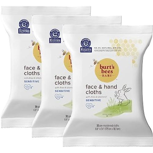 Burt's Bees Baby Face & Hand Cloths, Unscented Cleansing Wipes,30 Wipes - Pack of 3 30 Count (Package May Vary)