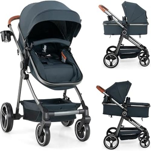 INFANS 2 in 1 Baby Stroller, Foldable High Landscape Shock Absorption with Reversible Seat, Newborn Convertible Stroller Bassinet for Infant and Toddler Pushchair (Dark Black)