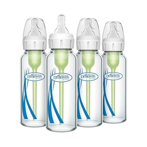 Dr. Brown's Anti-Colic Options+ Narrow Glass Baby Bottle with Level 1 Slow Flow Nipple, BPA-Free, 8 oz/250 mL, 4-Pack