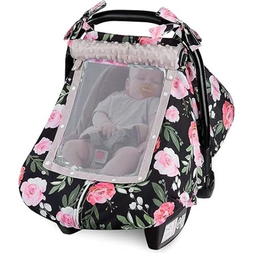 FIOBEE Baby Car Seat Cover, Car Seat Covers for Babies Infant Car Seat Canopy with Breathable Mesh Window Waterproof Carseat Cover for Babies Boy Girl 4 Seasons, Black/Flowers