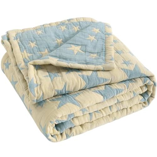 NTBAY 3 Layer Muslin Toddler Blanket, 30 x 40, Blue and Yellow Star