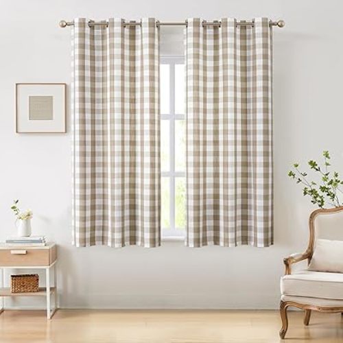 Amzdecor Buffalo Plaid Grommet Curtains 54 Inch Length, Semi-Sheer Check Textured Curtains Drapery for Living Room Bedroom,2 Panels （40" x 54",Beige/Tan & White）
