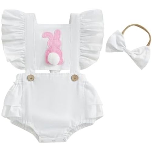Baby Girls Ruffle Sleeveless Romper Lace Floral Backless Cotton Linen Bodysuit Jumpsuit with Headband Clothes Set