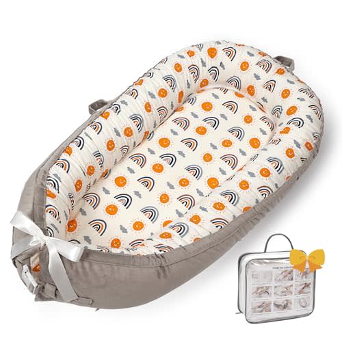 Baby Lounger-Breathable and Soft Organic 100% Cotton Baby Lounger, Portable Infant Lounger with Removable Lounger Cover, Baby Nest Lounger for Newborn 0-24 Months(Ao Rainbow)
