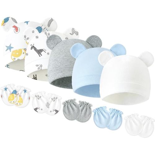 Newborn Baby Hats and Mittens Set, Cotton Infant Baby Boy Girl Bear Ears Caps and Mittens for 0-3 Months