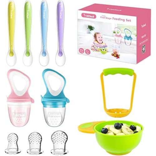 Food Feeder Baby Fresh Fruit Feeder (2 Pack) with 3 Different Sized Silicone Pacifiers, Mash and Serve Bowl with 4 Soft-Tip Silicone Baby Spoons, Perfect Baby First Stage Feeding Set by MICHEF