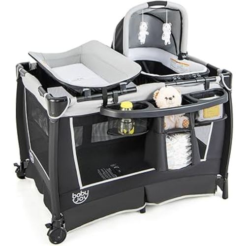 BABY JOY 4 in 1 Pack and Play, Portable Infant Bassinet w/Bassinet & Diaper Changing Table, Nursery Center Baby Playard with Toys & Music & Oxford Bag for Baby Toddlers (Dark Grey, Classic)