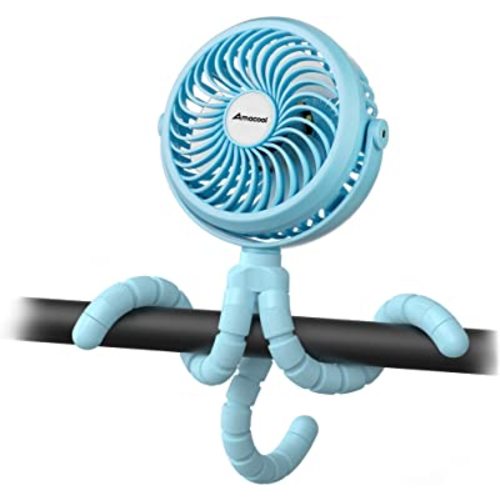 AMACOOL Battery Operated Stroller Fan Flexible Tripod Clip On Fan with 3 Speeds and Rotatable Handheld Personal Fan for Car Seat Crib Bike Treadmill (Blue)