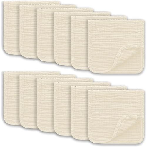 Muslin Burp Cloths Large 100% Cotton Hand Washcloths for Boys & Girls, Baby Essentials Extra Absorbent and Soft Burping Rags for Newborn Registry (Ivory, 12-Pack, 20" X10")