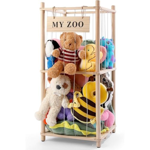 Stuffed Animal Storage Zoo, Wooden Stuffed Animal Organizer with Elastic Cords for Boys Girls, Space Saving Toy Plushies Storage Holder for Playroom, Bedroom, Living Room (Burlywood, Small)