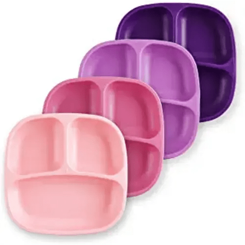 Re Play - 4 Pack 7.37" Divided Plates with Deep Sides for Baby, Toddler & Child Feeding | BPA Free | Made in USA from Eco Friendly Recycled Milk Jugs | Princess+ (Pink, Purple, Ice Pink, Amethyst) - Without Lid