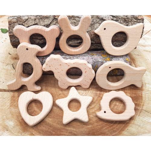 Animal Shape Wooden Teether Natural Unfinished Beech Wood Teether Baby