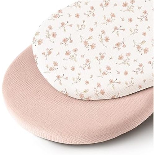 Muslin Bassinet Sheets for Babies – Soft & Breathable 100% Cotton Fitted Sheets for Oval, Rectangle, Hourglass Bassinet Mattress Pads, 2-Pack